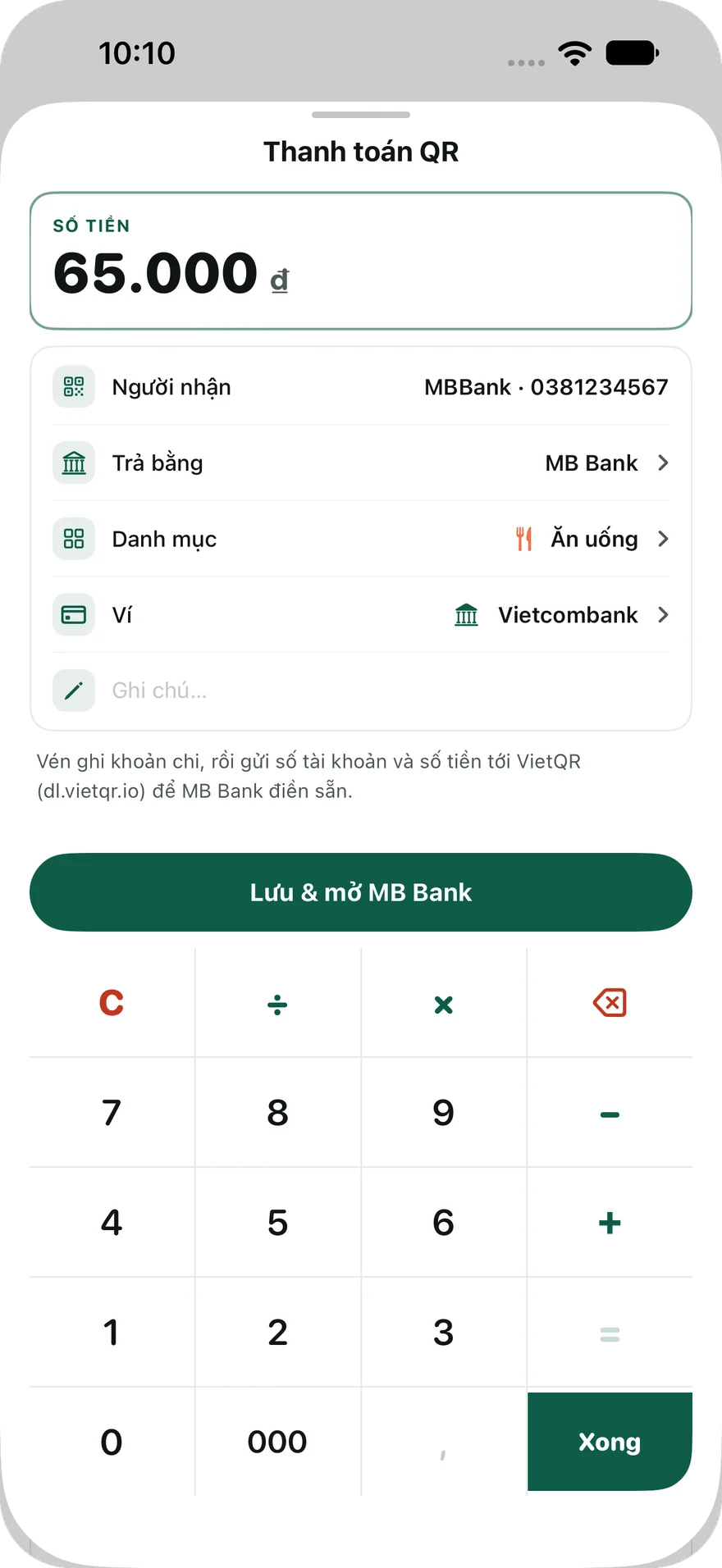Vén QR payment screen with amount, wallet, category, and Save & open MB Bank button